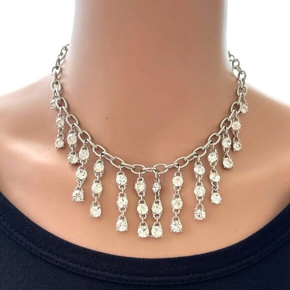 Cookie Lee Necklace Cascading Crystal Fringe Silver Tone Adjustable Length - Picture 3 of 5